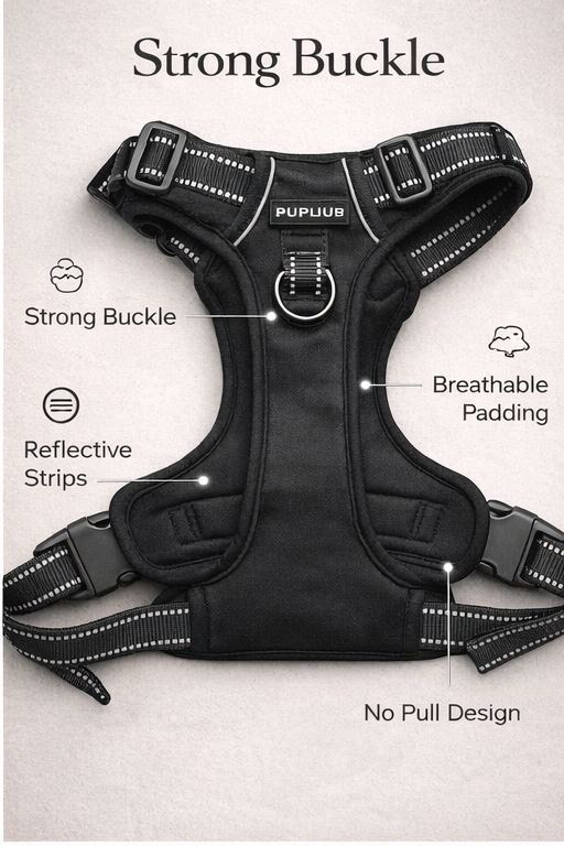 PupHub harness features - strong buckle, breathable padding, reflective strips