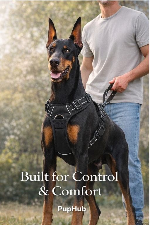 Doberman wearing PupHub harness during outdoor walk